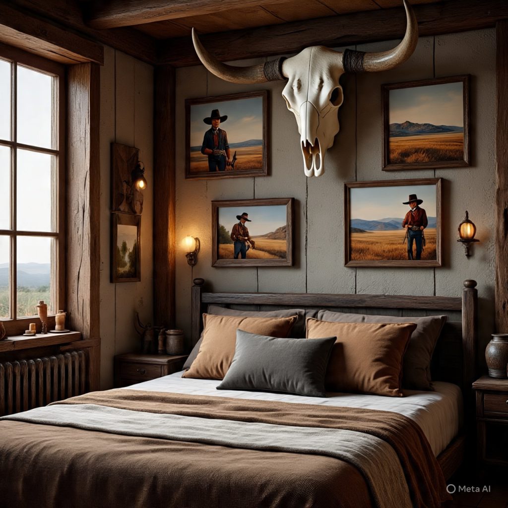 A bedroom decorated in a rustic, Western style, featuring a bed with pillows, paintings of cowboys and landscapes, a window, and a bull skull mounted on the wall.
