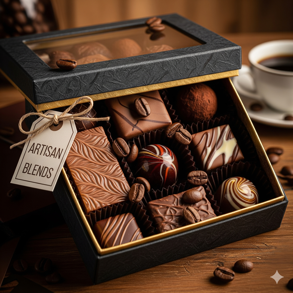 A box of "Artisan Blends" chocolates with coffee beans, accompanied by a cup of coffee.