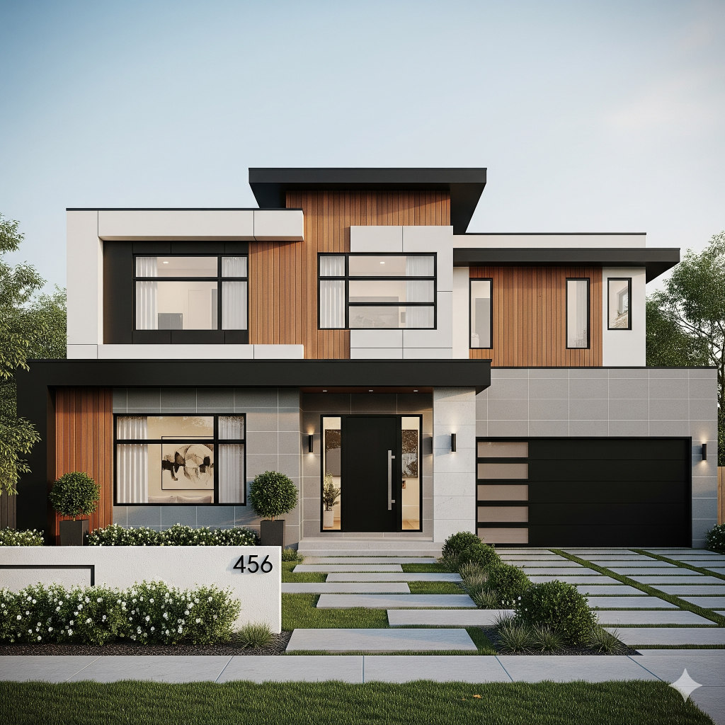 A short alt text for the picture is: "Modern house exterior with black garage door and patterned driveway."
