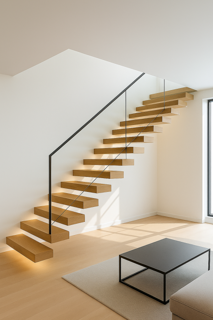 Modern floating wooden staircase with a black handrail.