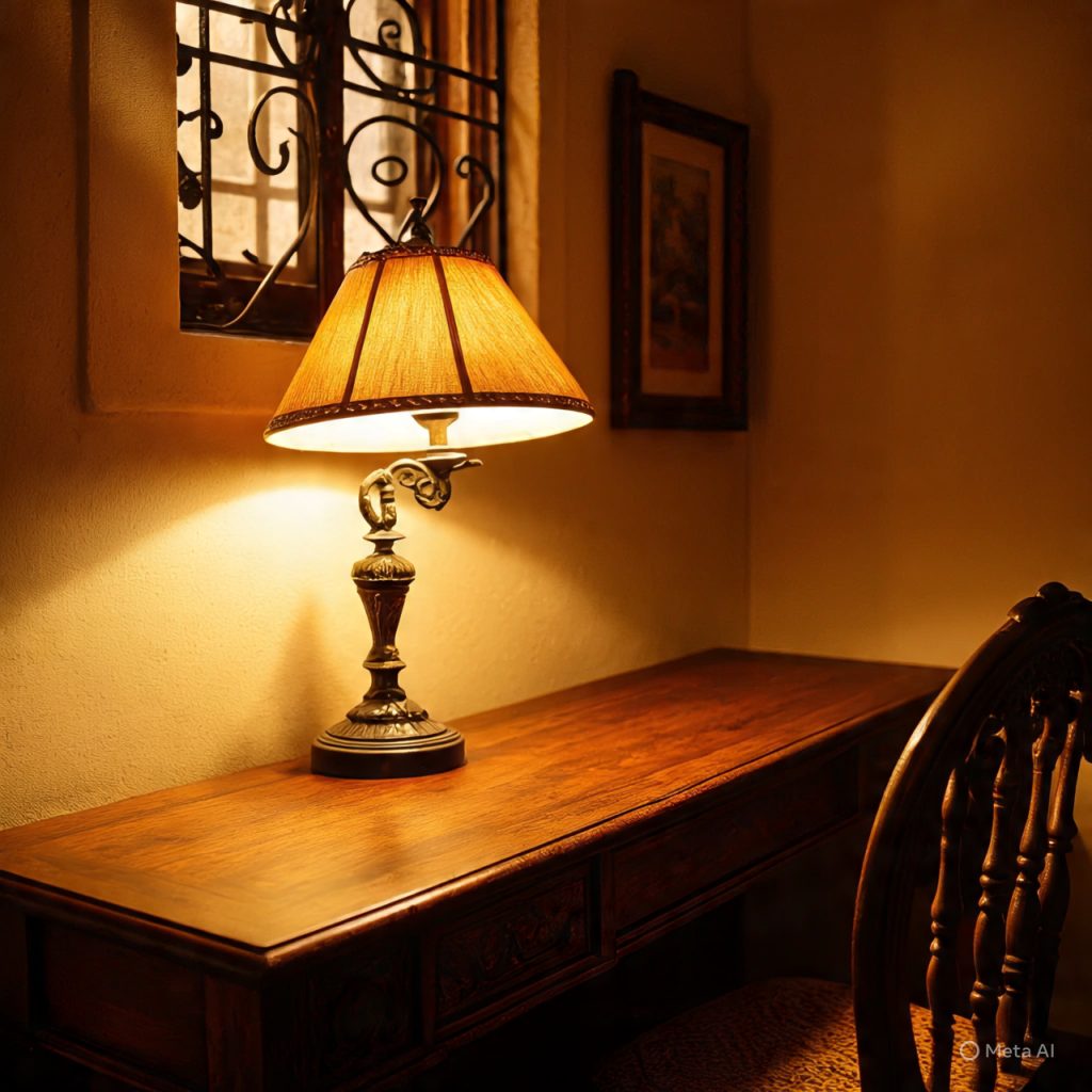 A lit table lamp with a patterned shade sits on a wooden desk, next to a window with decorative ironwork.