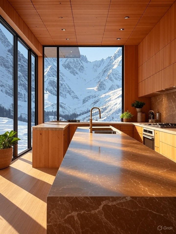 A modern kitchen with wooden cabinetry and a large window offering a panoramic view of snow-covered mountains.