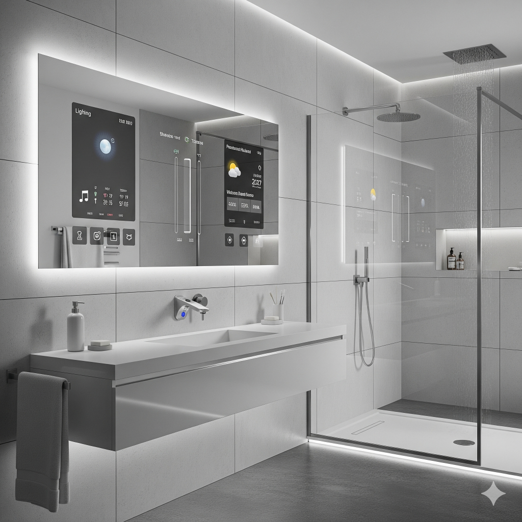 A modern bathroom featuring a smart mirror displaying lighting controls, time, date, and weather, alongside a walk-in shower with a glass enclosure.