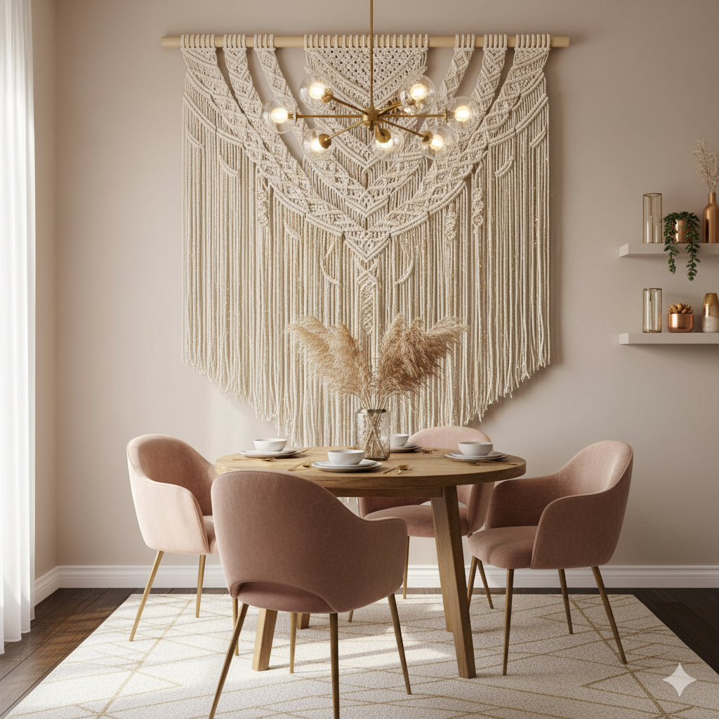 A large, cream-colored macrame wall hanging with a detailed pattern and long tassels hangs above a round dining table with four pink chairs, illuminated by a modern brass chandelier. 