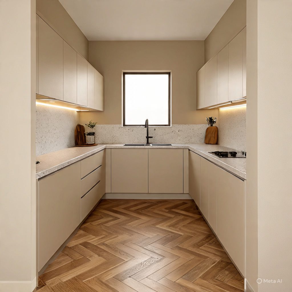 A modern, minimalist kitchen with light beige cabinets, a U-shaped layout, a window above the sink, and a herringbone wood floor.