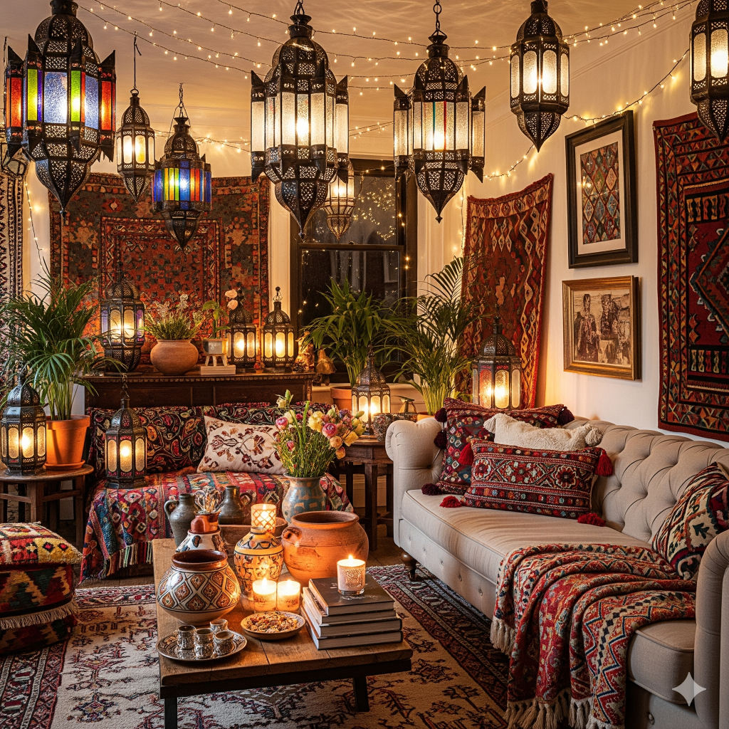 A living room decorated in bohemian style with warm lighting from lanterns and string lights.