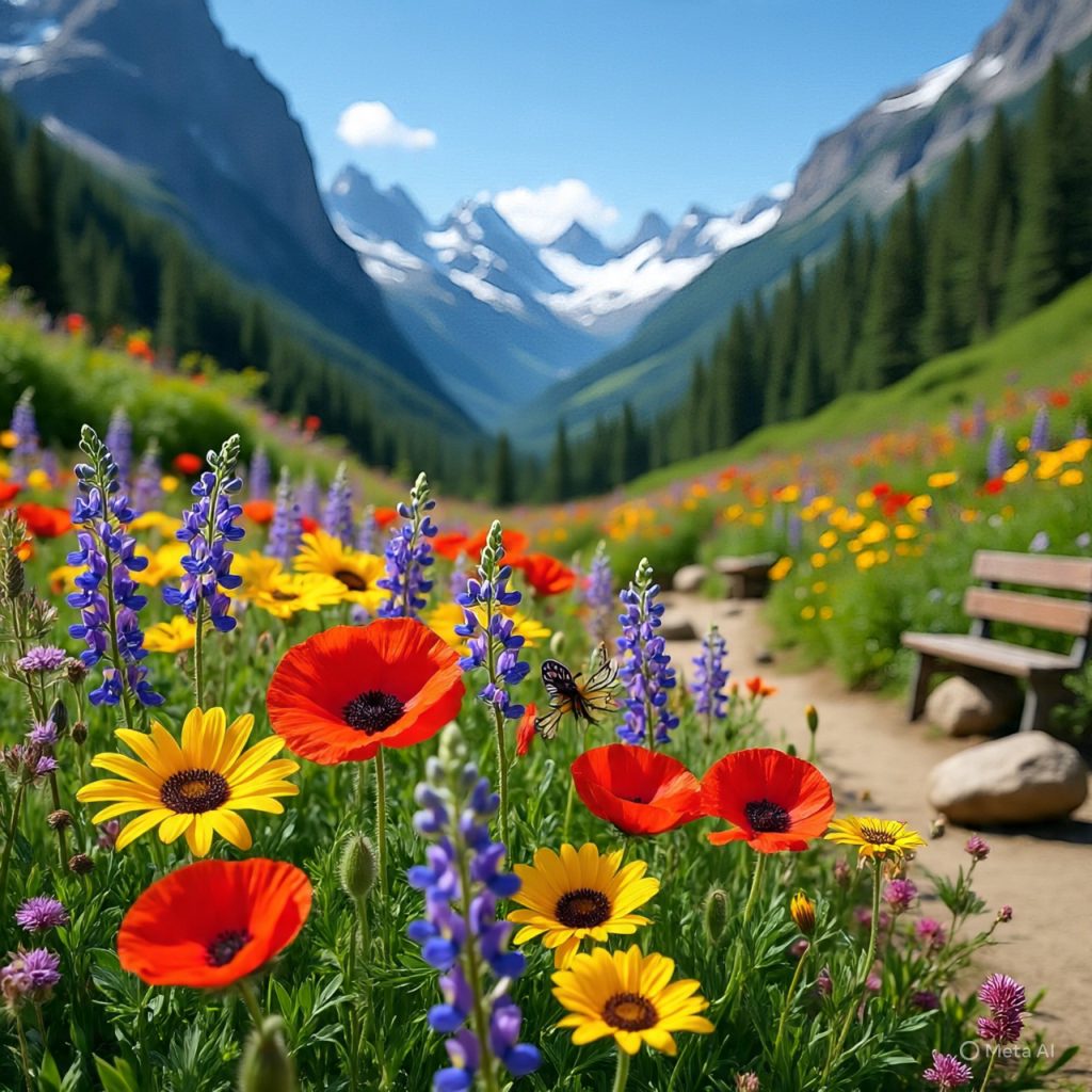 Vibrant wildflower meadow with red poppies and yellow daisies leading to majestic snow-capped mountains under a clear blue sky. 