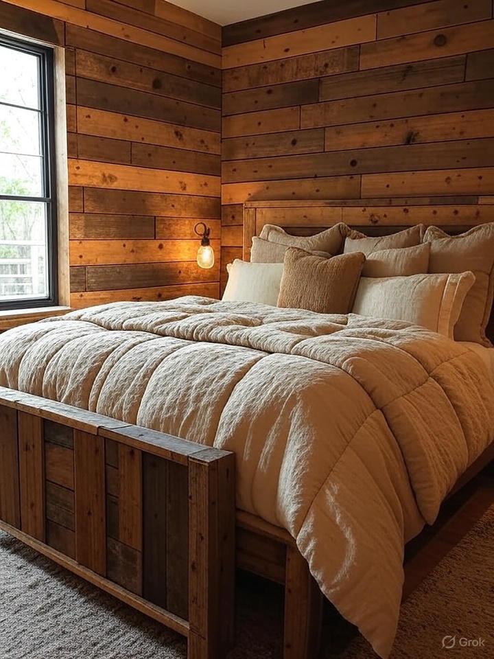 Ranch Bedroom Ideas
A cozy bedroom with a wooden bed frame, textured bedding in neutral tones, and wood-paneled walls, illuminated by a single hanging bulb.