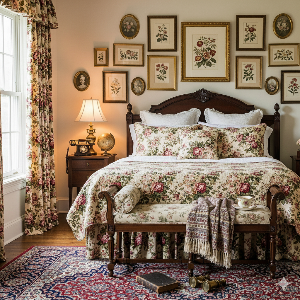 Ranch Bedroom Ideas
A cozy bedroom in a French Country style, featuring a large bed with floral bedding, a bedside table with a lamp and vintage telephone, and a wall adorned with multiple framed botanical prints.