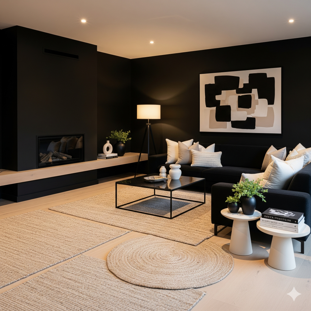 A luxurious black drawing room with dark walls, gold trim, a large crystal chandelier, a dark velvet sofa, two armchairs, a wooden coffee table with a floral centerpiece, and three ornate gold mirrors.