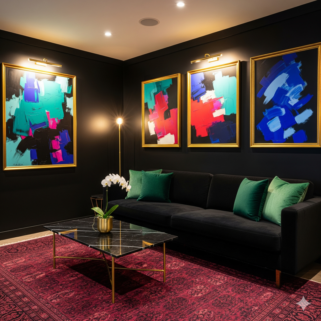A modern living room with a black sofa, green pillows, a marble coffee table, and four colorful abstract paintings on a dark wall.