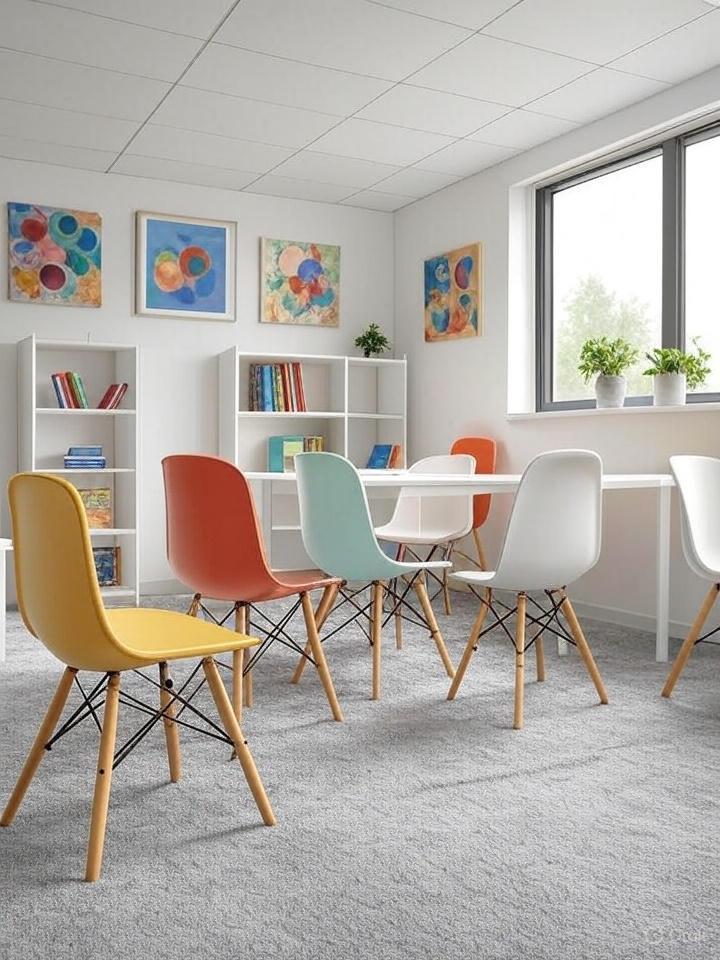 A bright, modern meeting room or study space with colorful Eames-style chairs around a white table, white bookshelves filled with books, and abstract art on the walls.