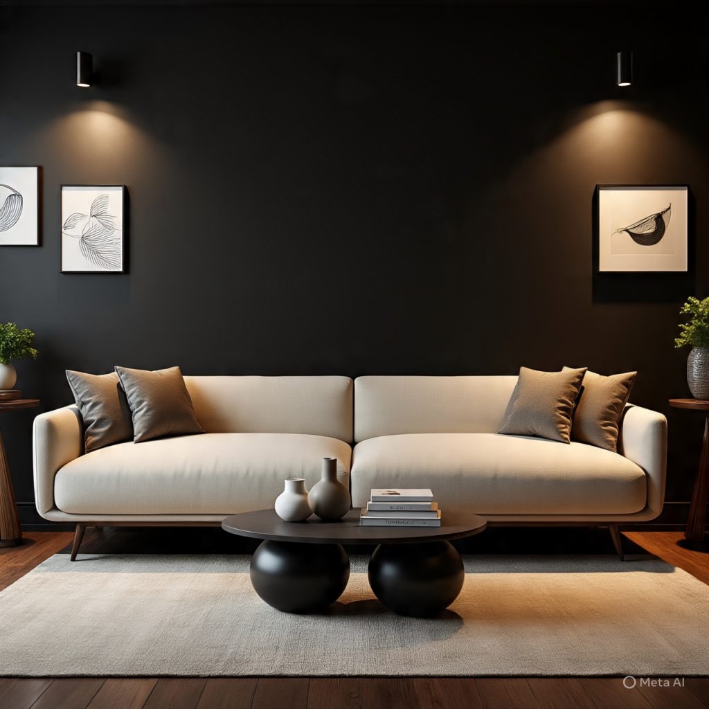 A minimalist living room featuring a cream-colored sofa against a dark, possibly black, wall, illuminated by two wall-mounted spotlights, with a round coffee table and decorative accents in the foreground. 