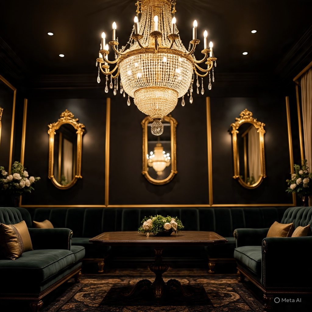 Elegant black drawing room featuring gold accents, brass light fixtures, and luxury décor details