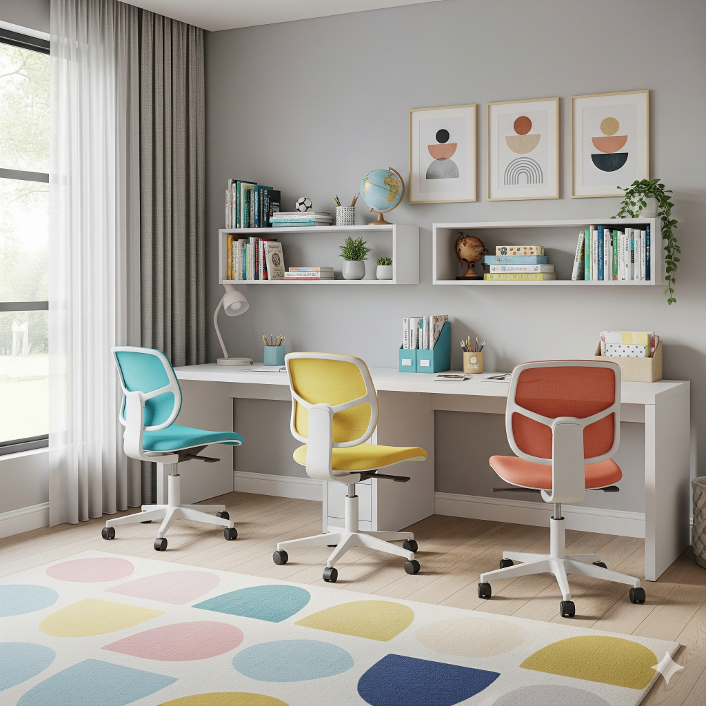 A colorful children's study room with three ergonomic swivel desk chairs and shelves filled with books and decor.