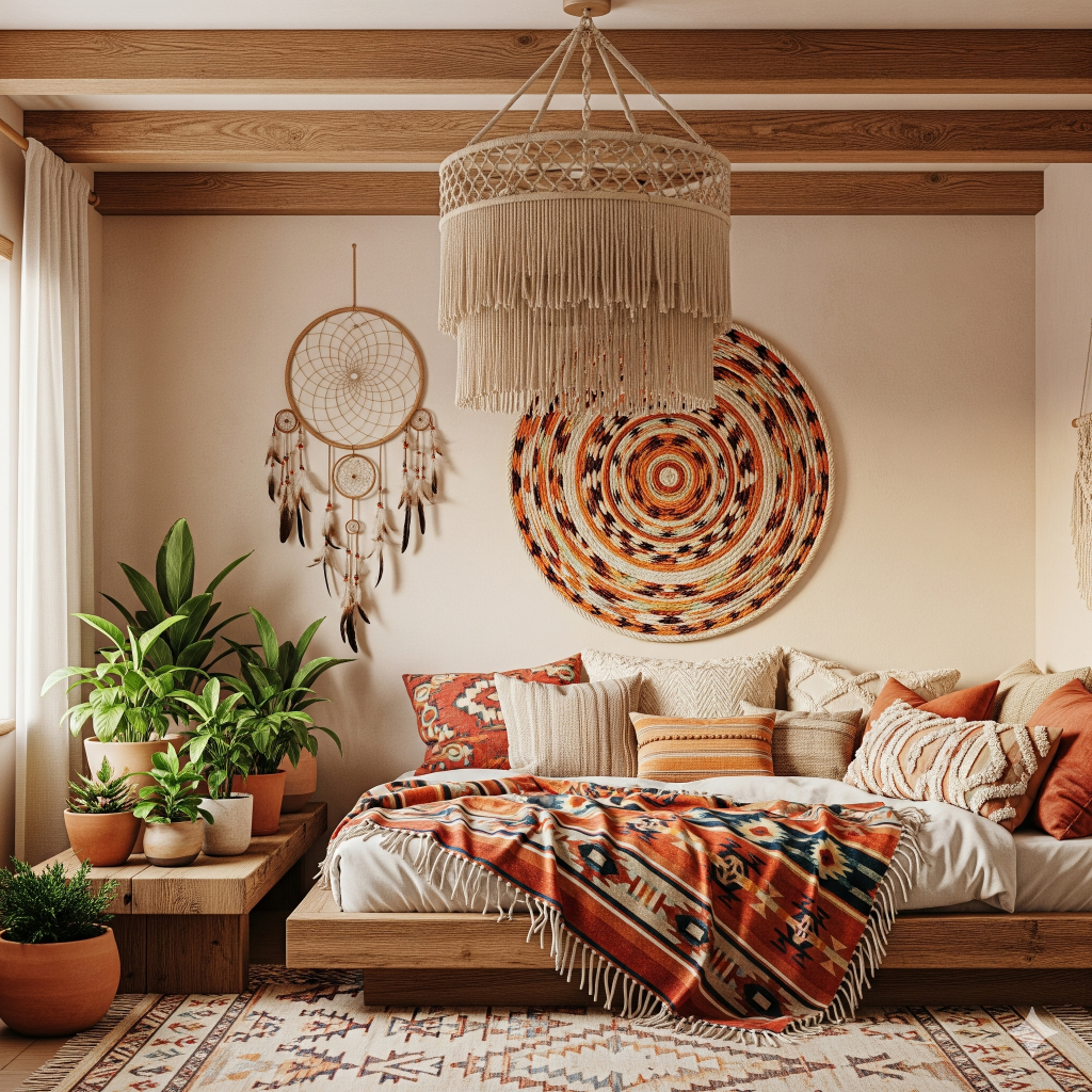 A cozy, bohemian-style bedroom featuring a bed with patterned blankets and pillows, a dreamcatcher, a macrame wall hanging, and potted plants.