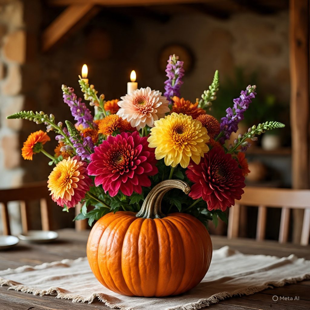 A fall-themed floral arrangement featuring yellow, red, and purple flowers in a carved pumpkin vase on a rustic table. 