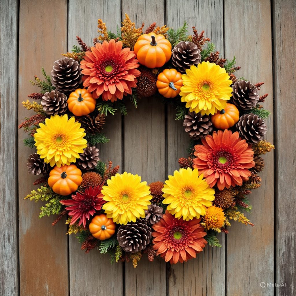 The image displays a vibrant fall wreath, adorned with a variety of seasonal elements. 
