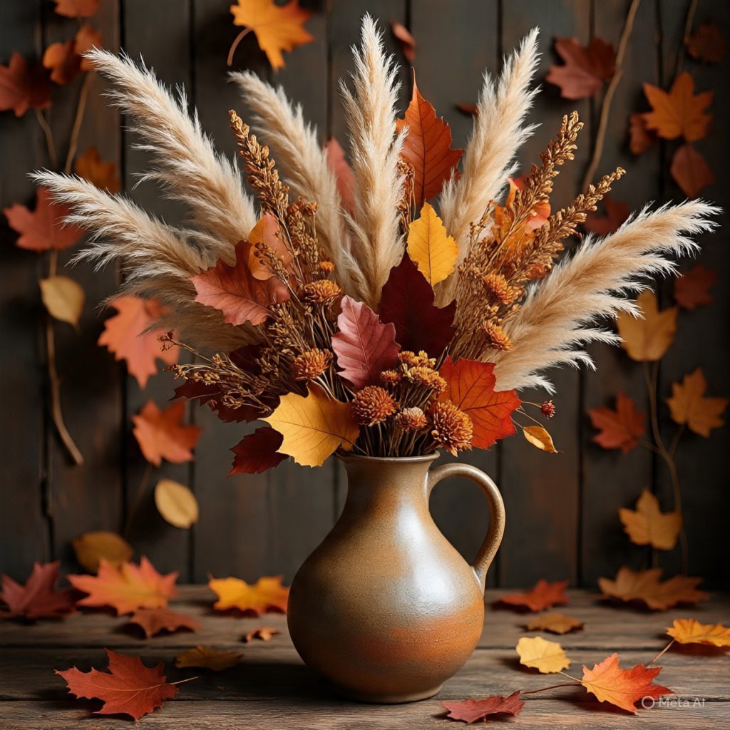 A vase filled with dried pampas grass and autumn leaves in shades of orange, brown, and yellow, arranged as fall decor. 