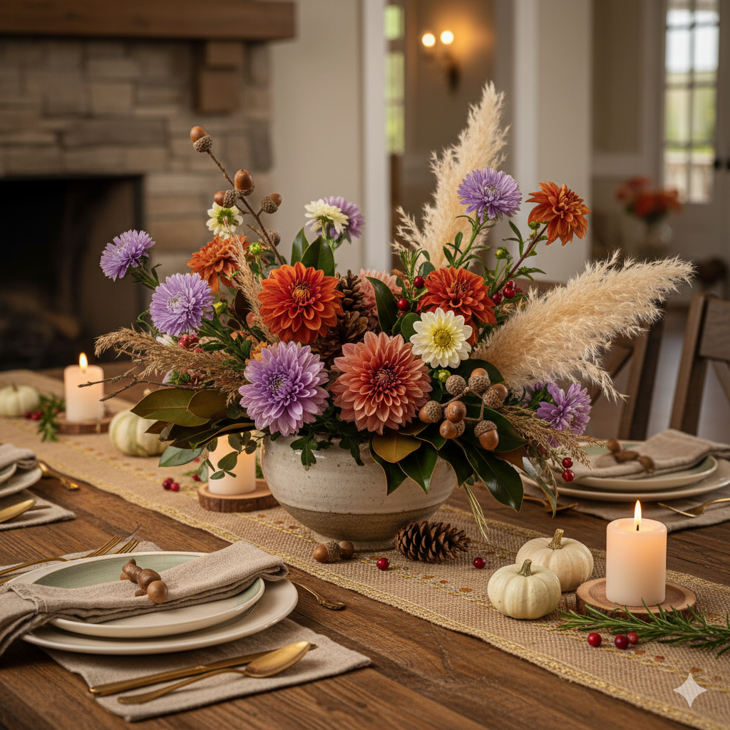The image displays a fall flower arrangement, featuring a variety of seasonal elements suitable for autumn decor. 