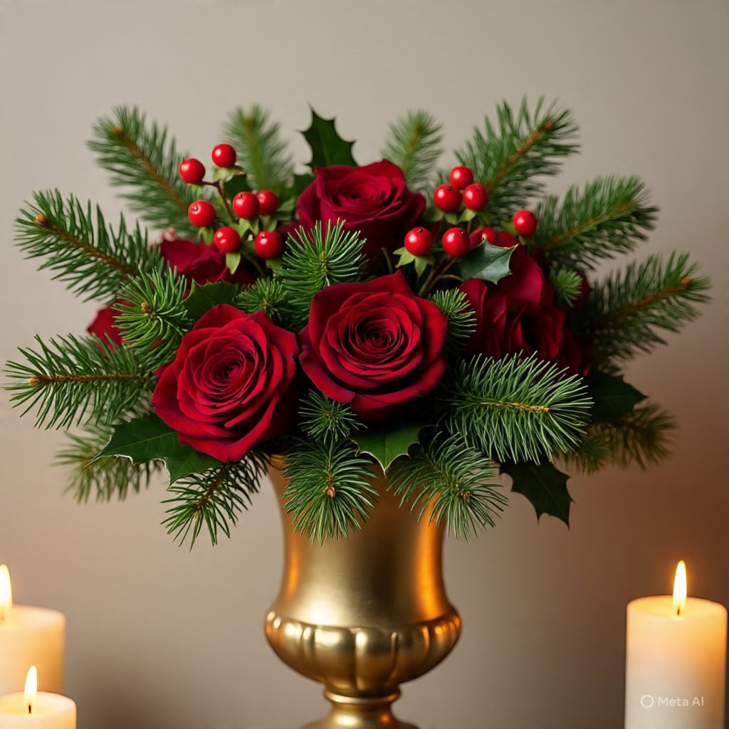 A Christmas floral arrangement featuring red roses, evergreen branches, and red berries in a gold vase, with candles in the foreground. 