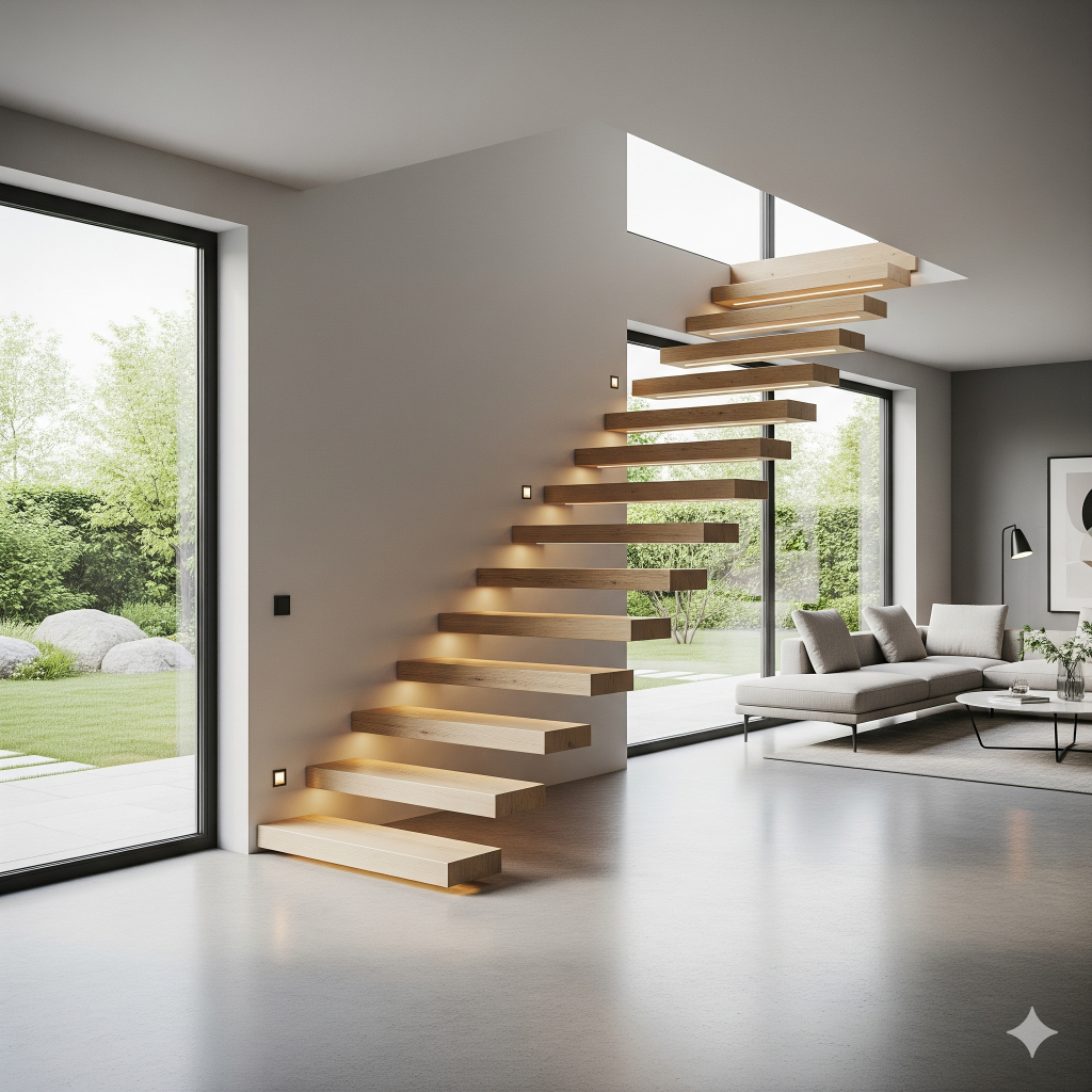 Staircase Design Ideas
Floating wooden staircase with integrated lighting in a modern interior with large windows and a living area.