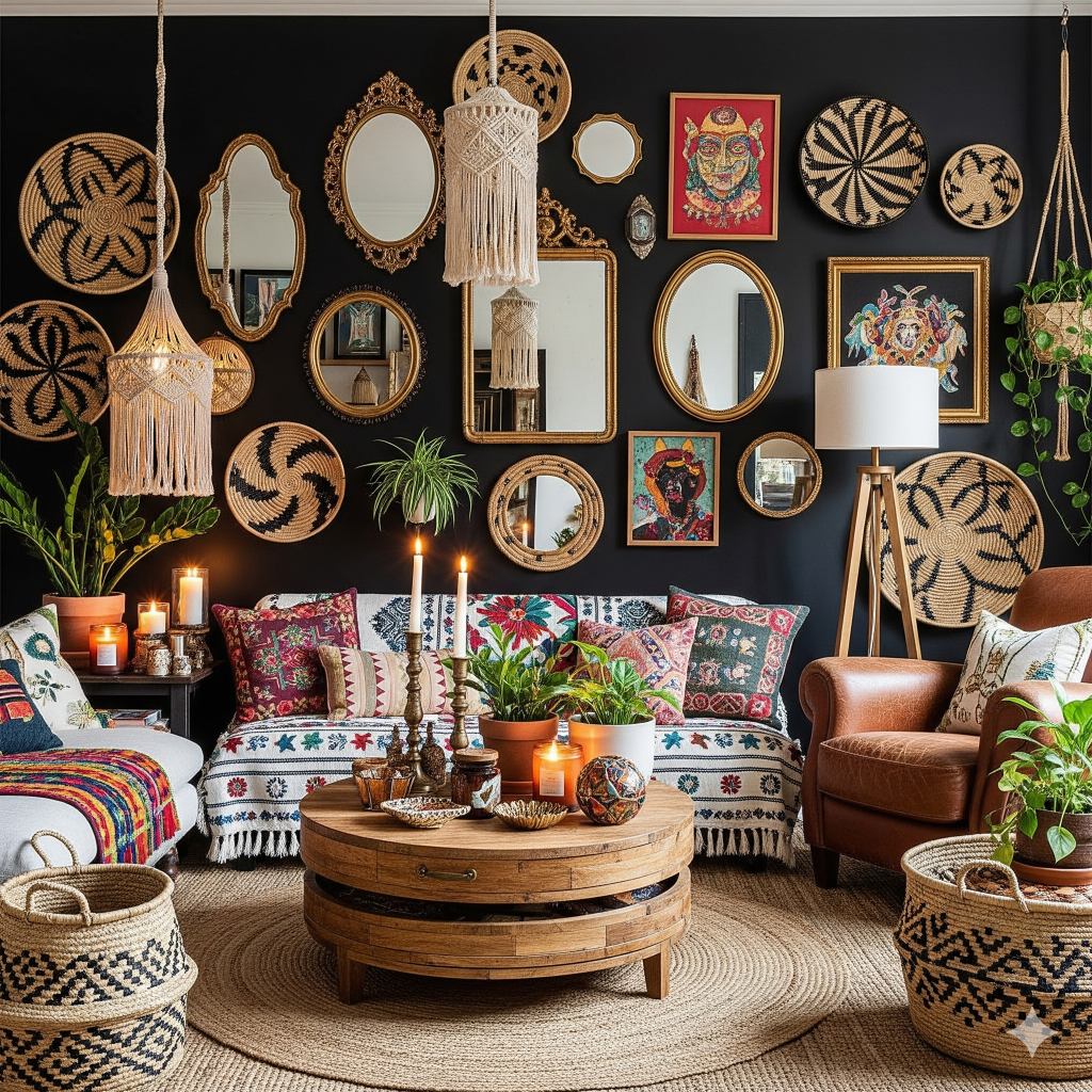 Bohemian Living Room Design
A bohemian-style living room with a dark wall adorned with numerous mirrors, woven baskets, and framed art, featuring a patterned sofa, a leather armchair, a wooden coffee table with candles and plants, and macrame light fixtures.