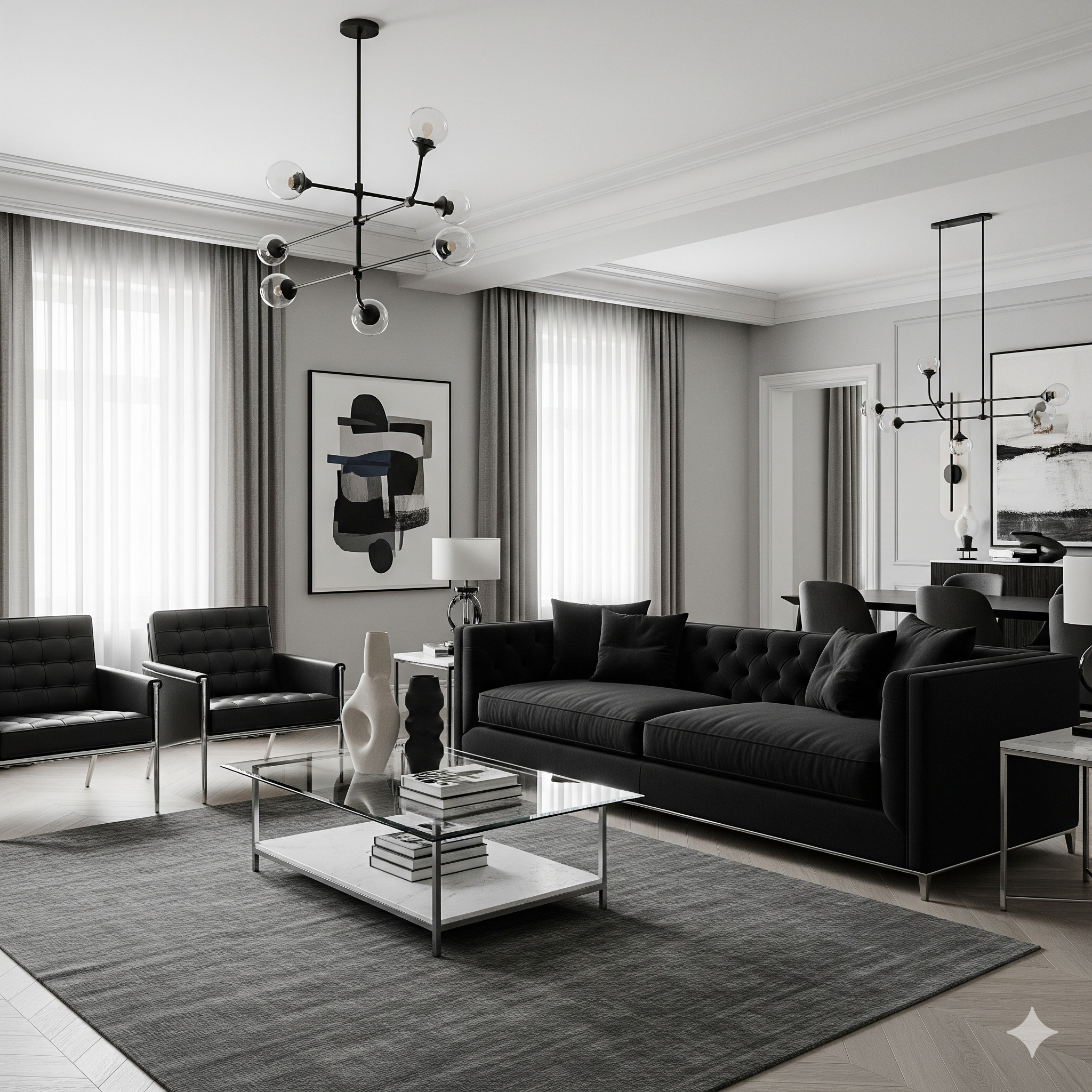 A modern living room with a black tufted sofa, two black leather armchairs, a glass coffee table, and a large abstract art piece on the wall.