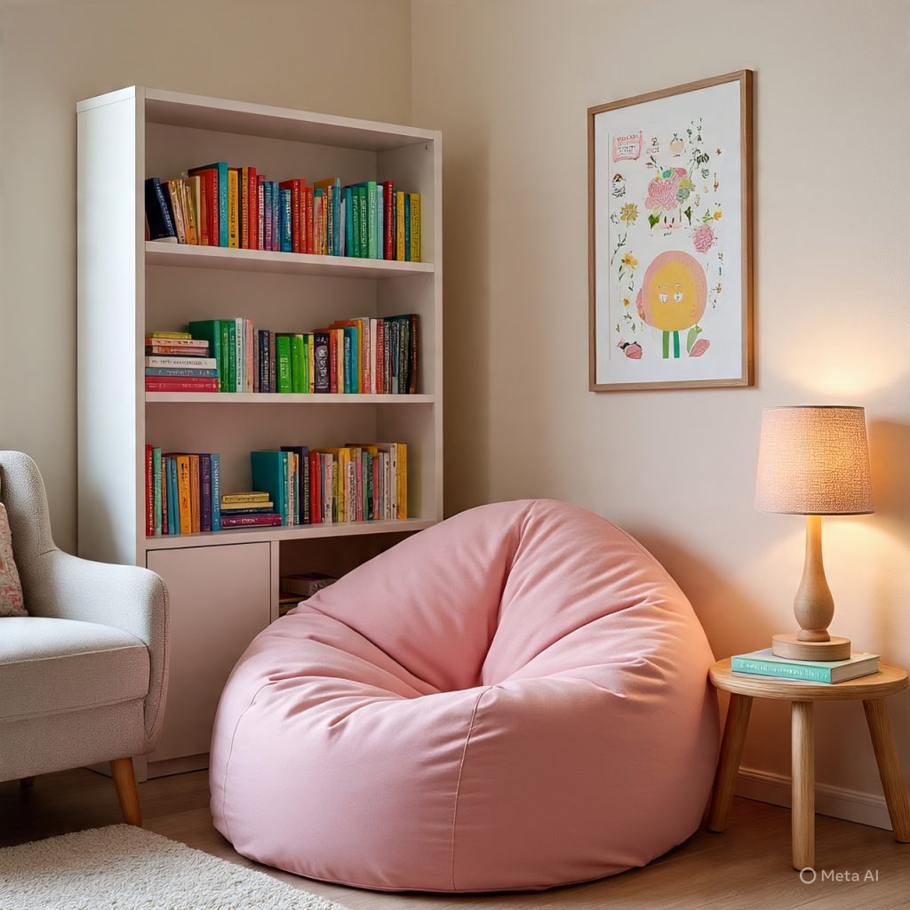 A pink bean bag chair in a cozy room with a bookshelf and a lamp. 