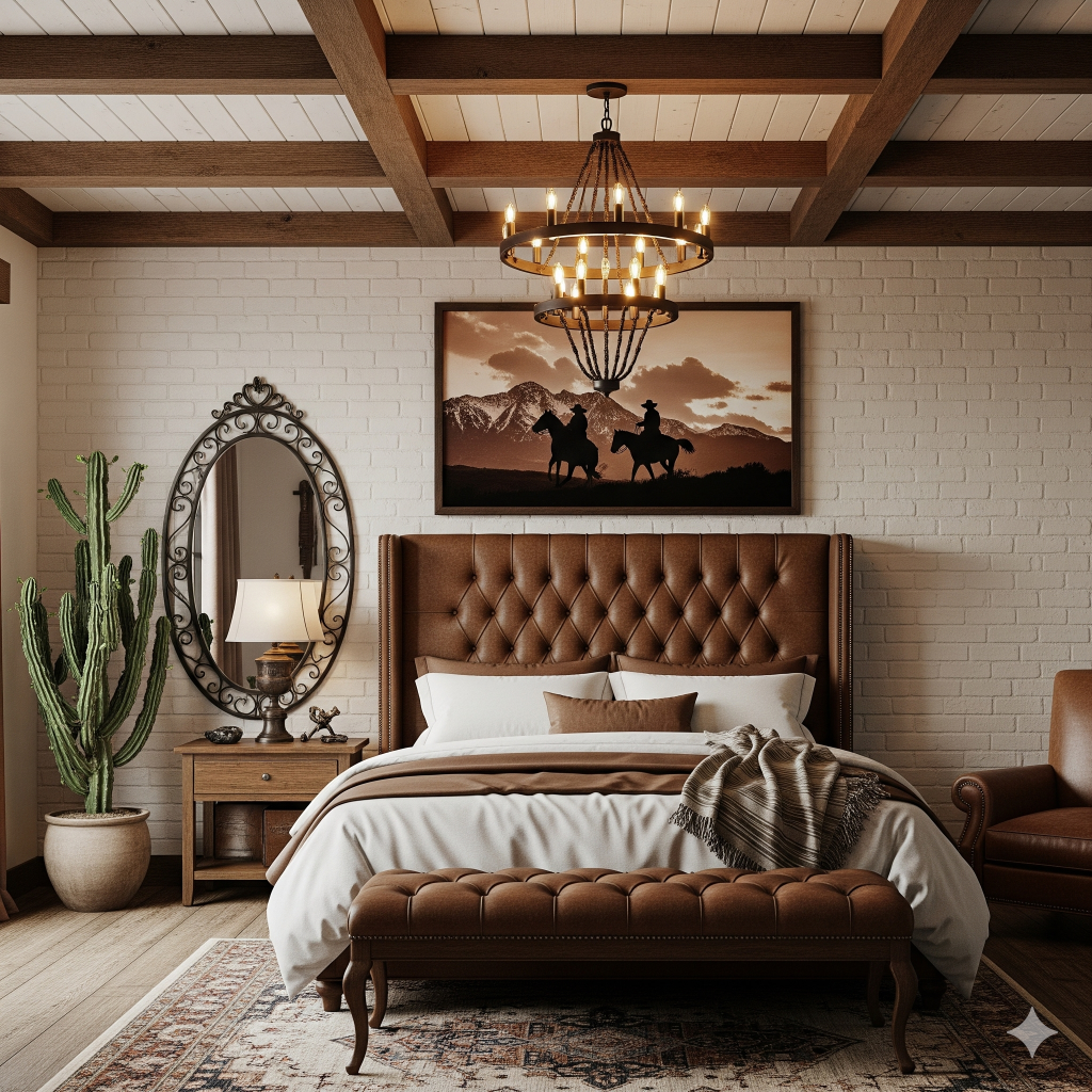 Ranch Bedroom Ideas
A rustic bedroom featuring a large bed with a tufted leather headboard, a chandelier, a cactus plant, and a sepia-toned framed artwork depicting cowboys on horseback.