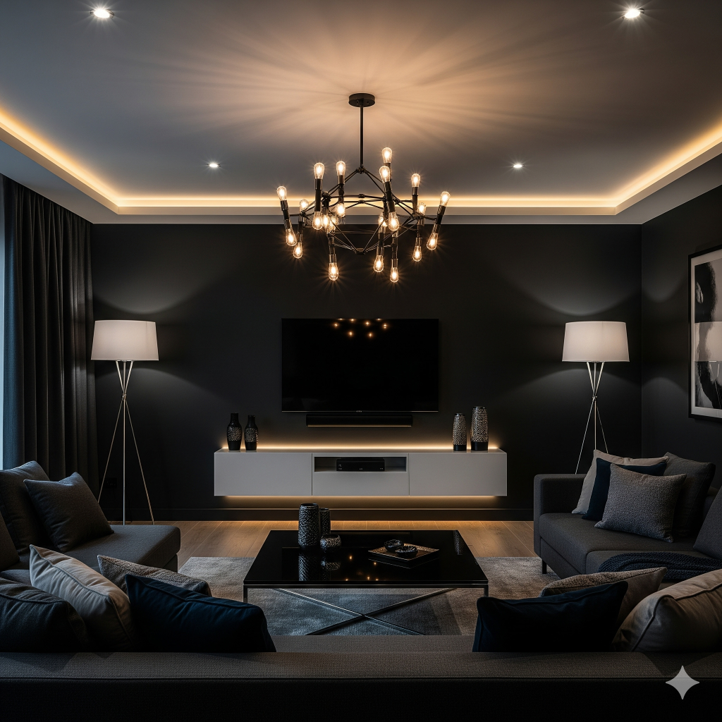 A modern living room with dark walls, a large TV, a unique chandelier, and warm accent lighting, featuring sofas and a coffee table. 