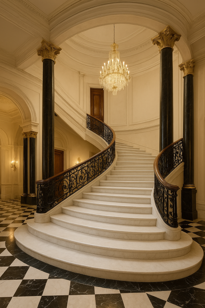 Elegant spiral staircase in a grand interior.