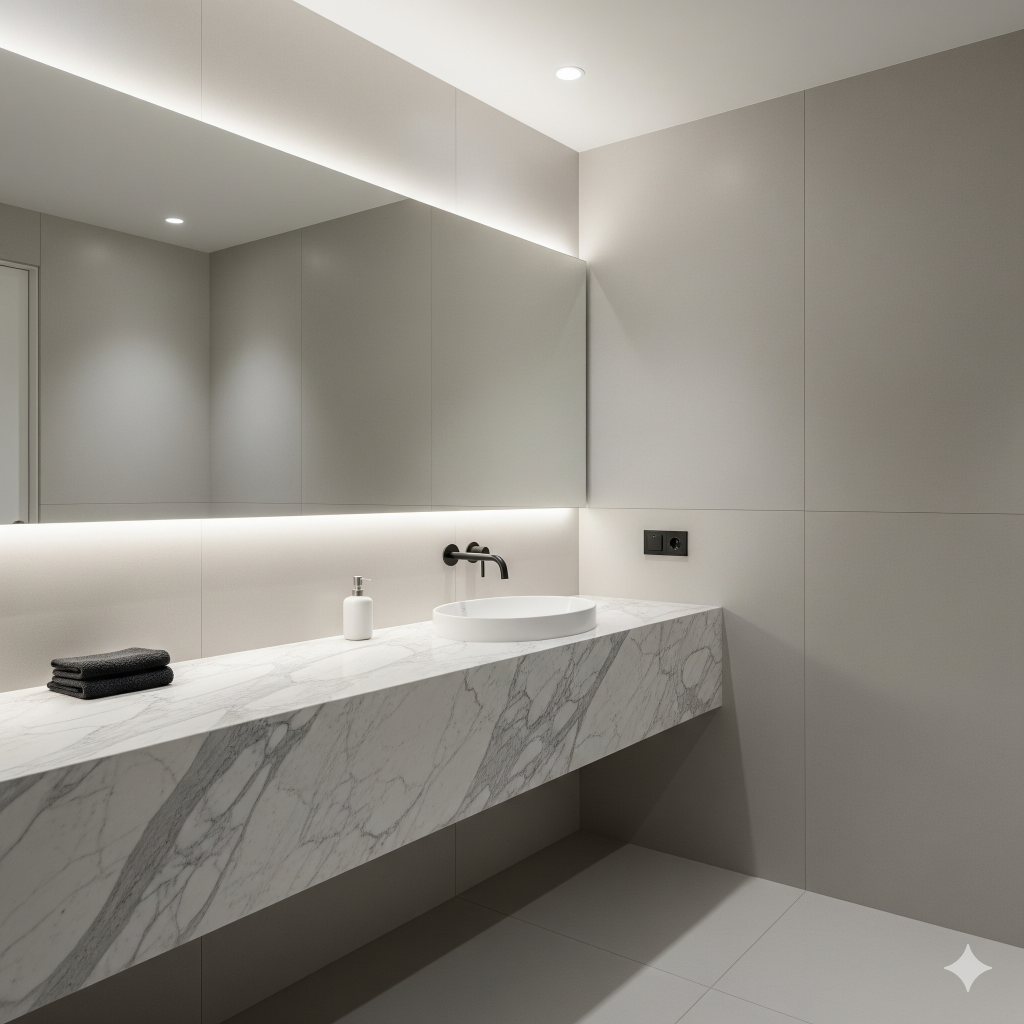 A minimalist bathroom featuring a marble countertop with a white sink, a black faucet, a mirror with integrated lighting, and dark towels.