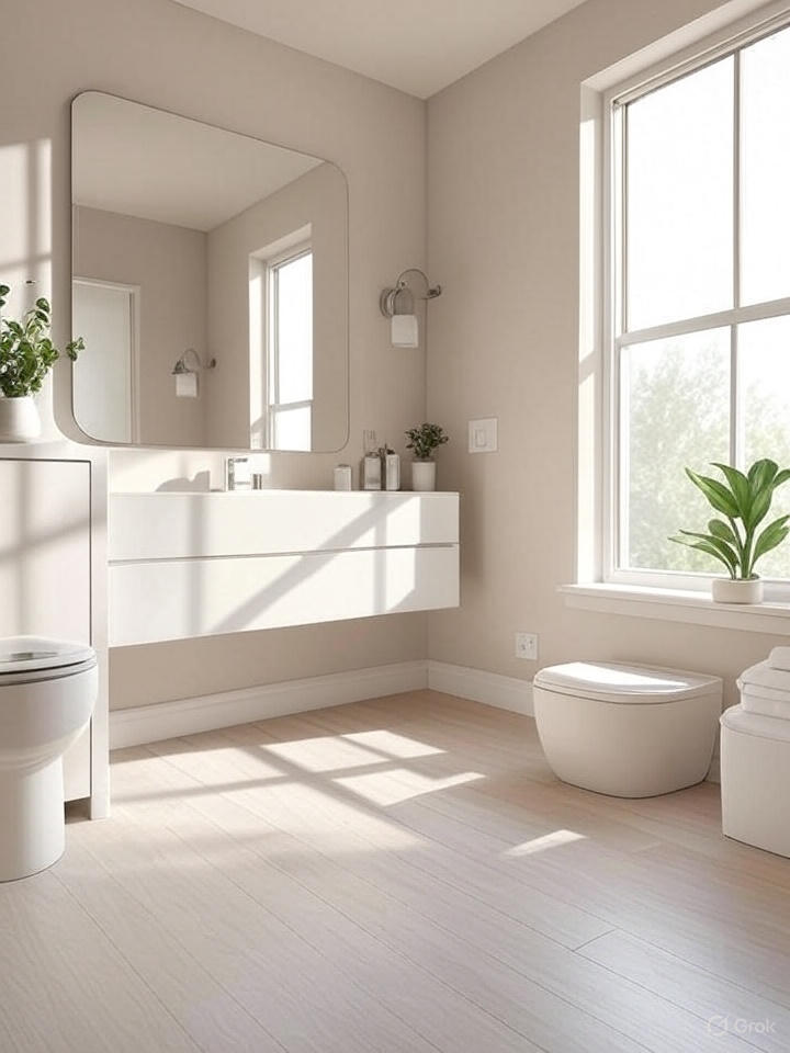 Modern bathroom design ideas with a floating vanity, toilet, and large window.