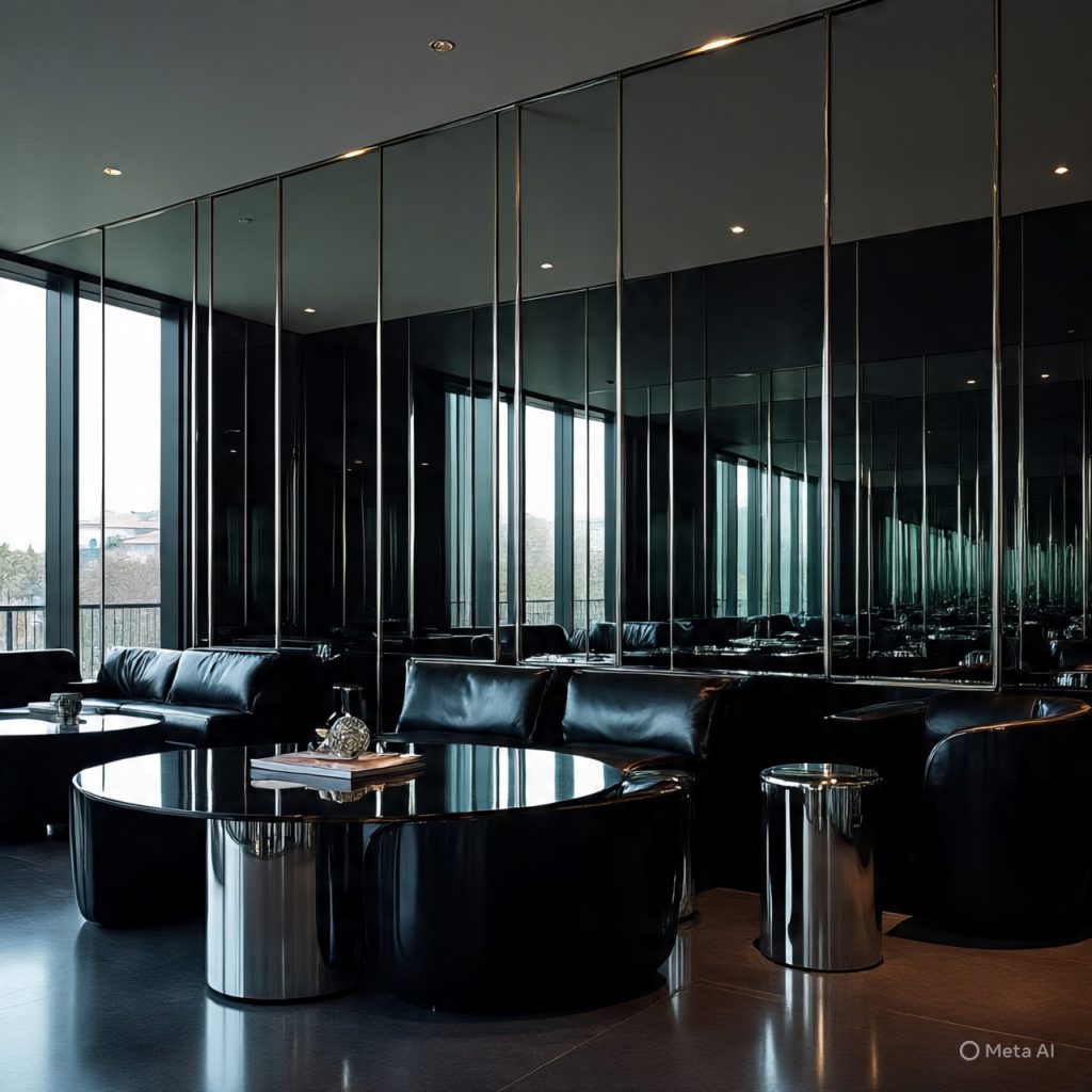 A sleek, modern black drawing room area with black leather sofas, a black and chrome coffee table, and a wall of tall mirrors reflecting the room and outside view.