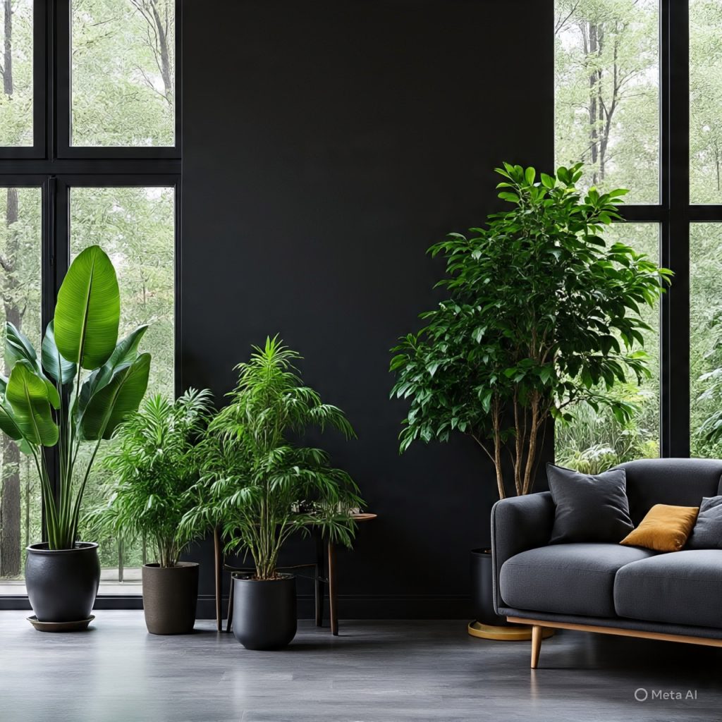 A modern living room with a black wall, a gray sofa, and several green houseplants in pots. 