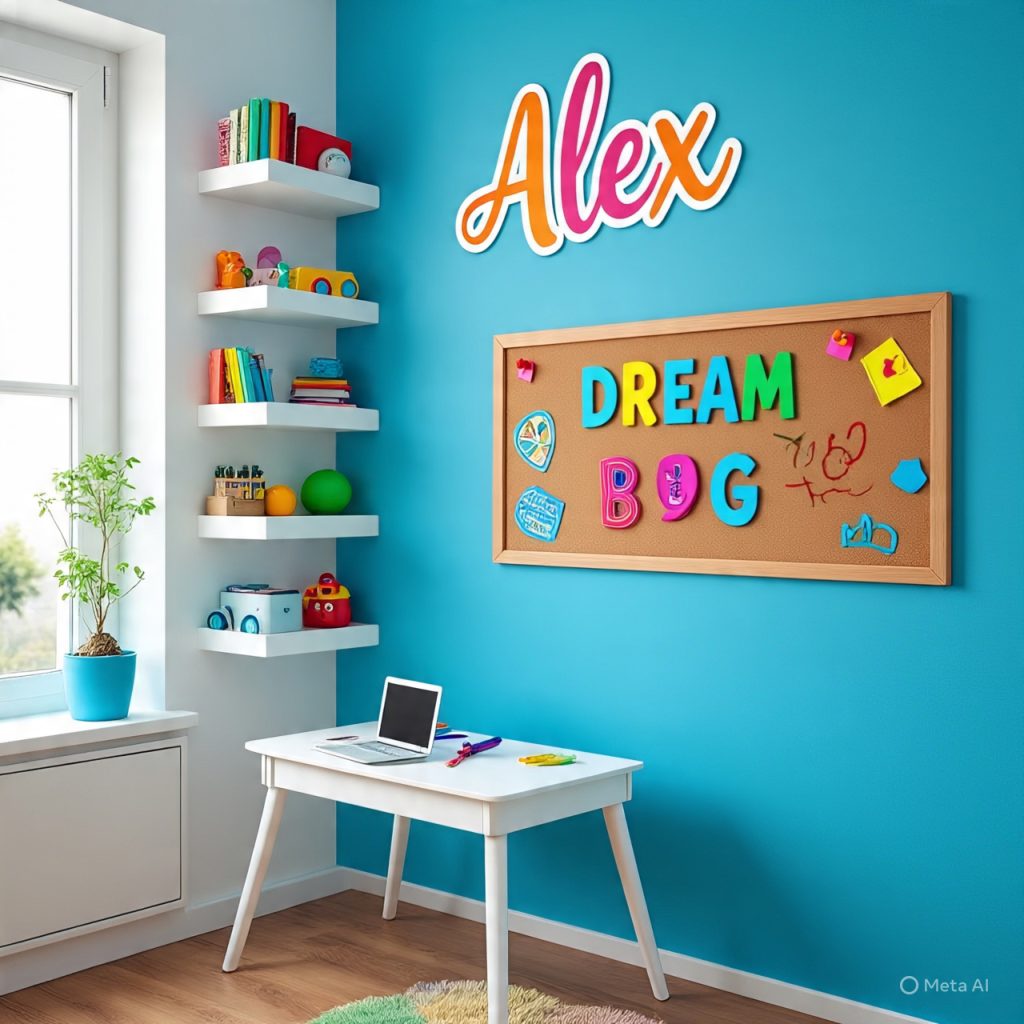 A colorful child's room with a desk, shelves filled with books and toys, and a bulletin board displaying "DREAM BIG" on a blue wall.