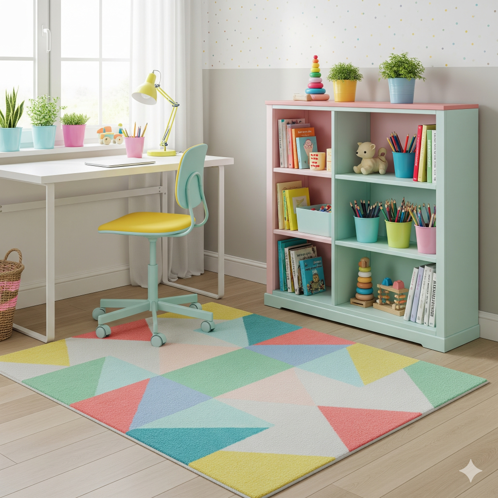 A colorful child's room with a desk, chair, and a pastel-colored bookshelf filled with books and art supplies.