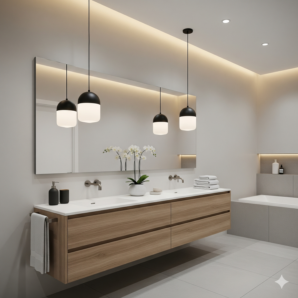 A modern bathroom featuring a double vanity with a wooden cabinet, white sinks, a large mirror, pendant lights, and a bathtub in the background.