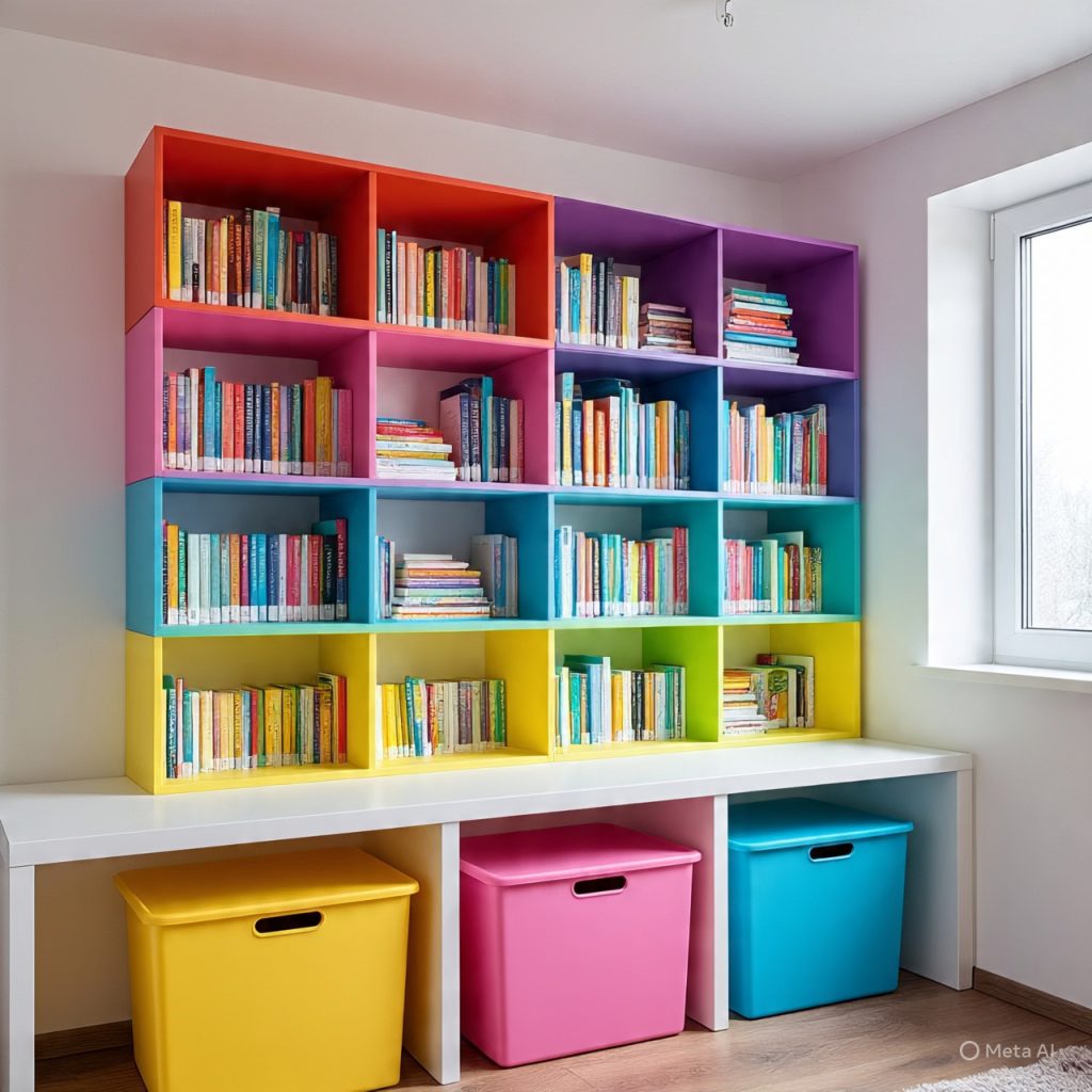 A colorful, multi-compartment bookshelf filled with books and storage bins. 