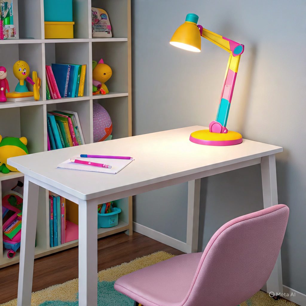 A colorful desk lamp illuminating a white desk with pens and paper, next to a white bookshelf filled with books and toys.