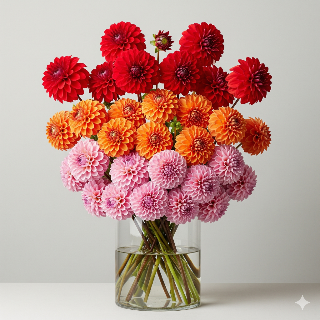 A vibrant bouquet of red, orange, and pink dahlia flowers arranged in a clear glass vase.