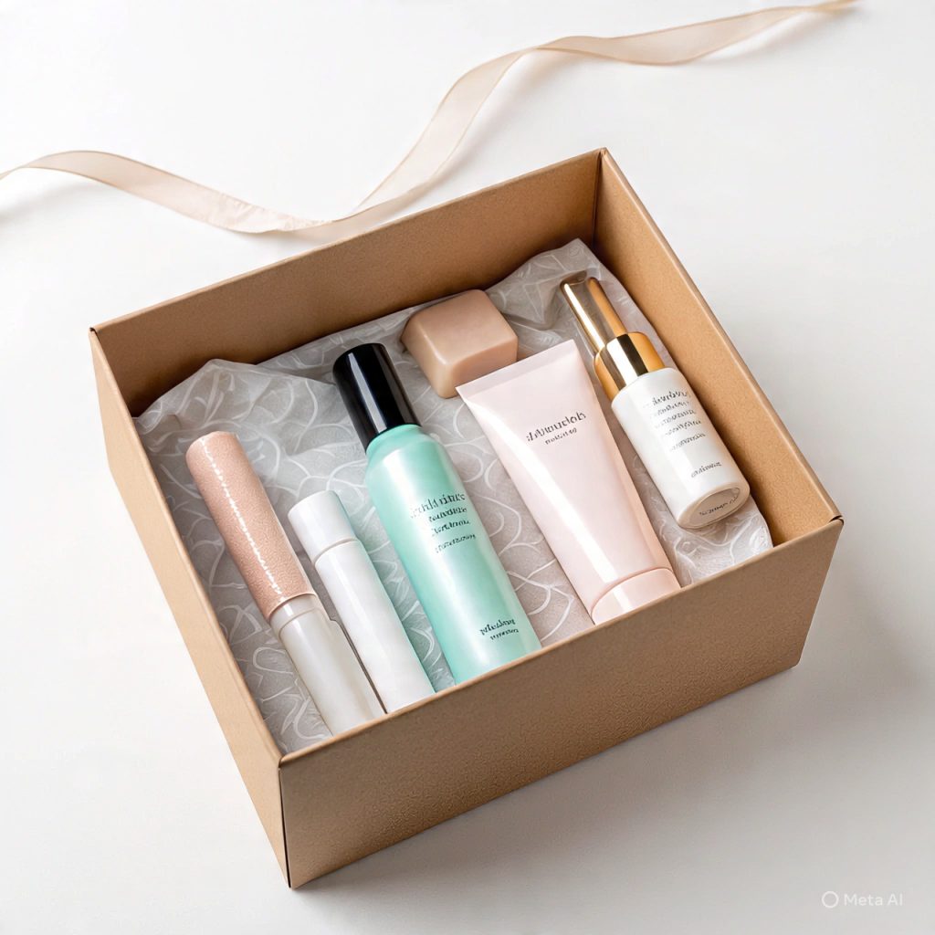 A gift box containing various skincare and beauty products, including bottles, tubes, and a bar of soap, arranged on crumpled paper with a ribbon visible.