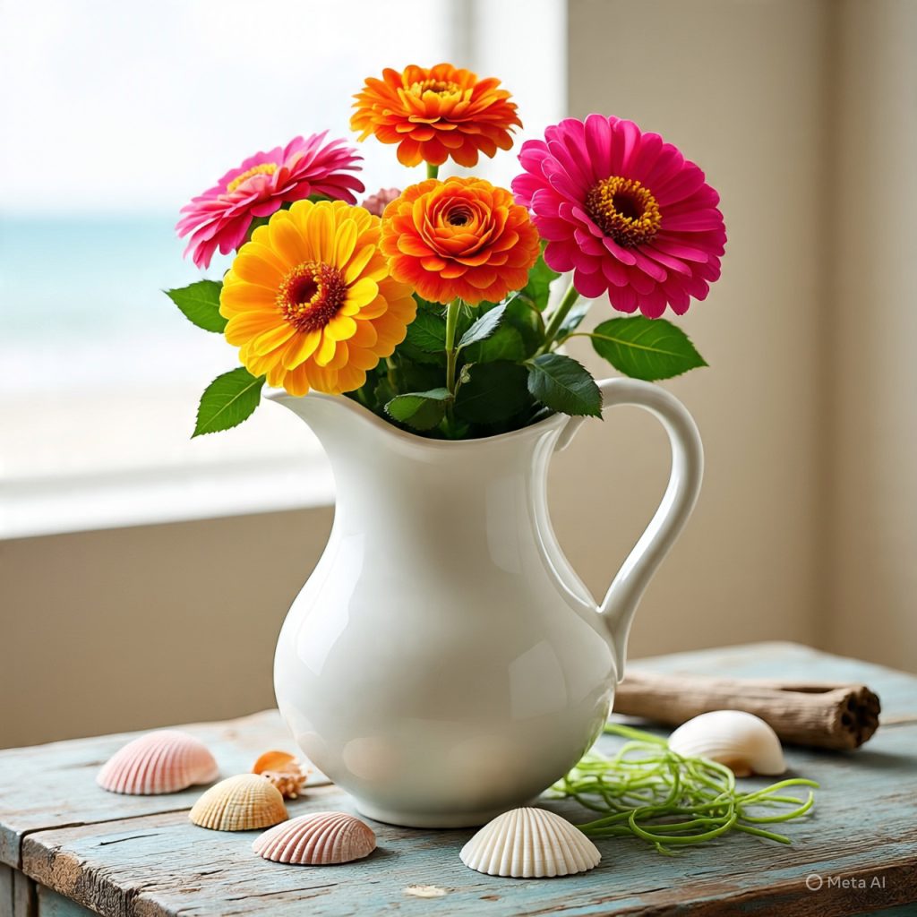 A white pitcher filled with vibrant orange, pink, and yellow Gerbera daisies on a table with a blurred beach background. 