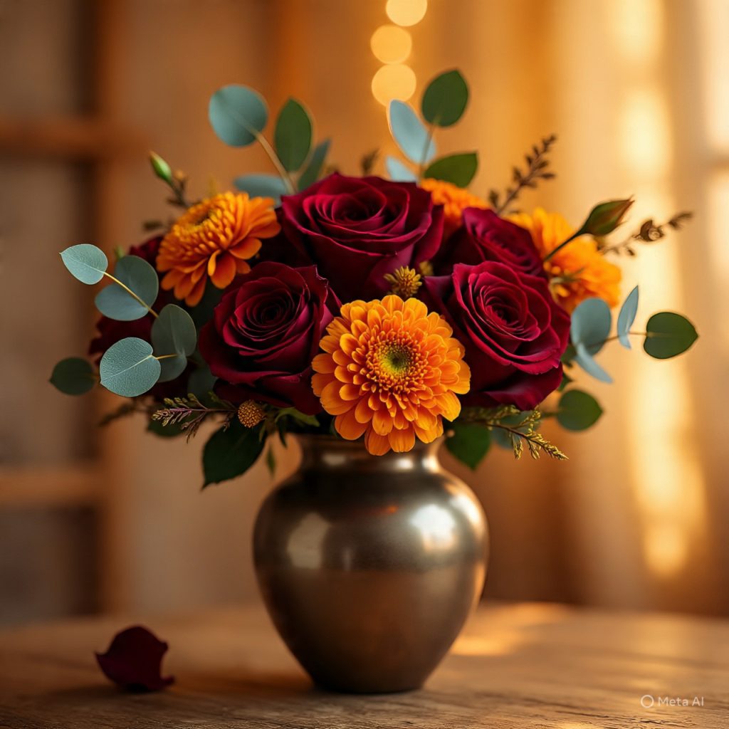 A vibrant floral arrangement in a vase featuring red roses, orange chrysanthemums, and eucalyptus foliage. 
