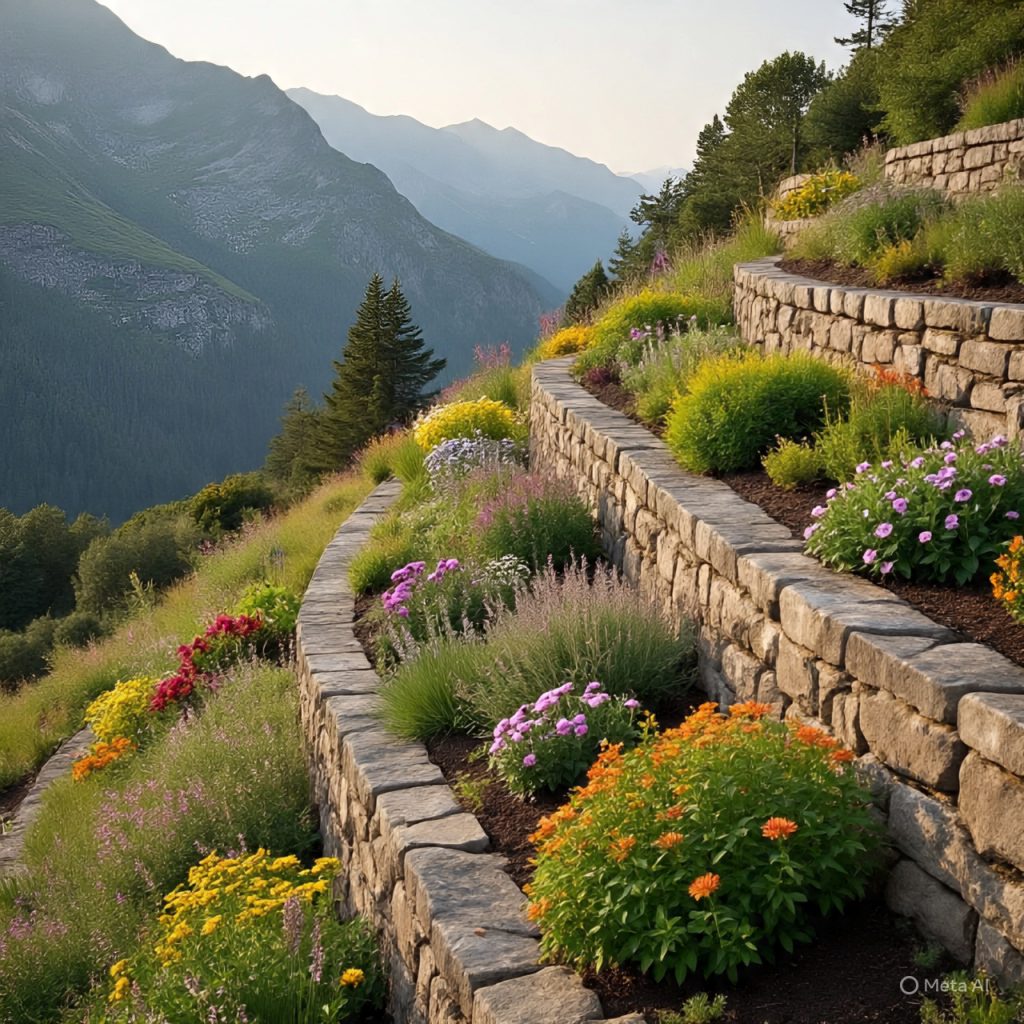 A terraced garden on a steep mountain slope, featuring stone walls and colorful flowering plants like lavender and shrubs, with a valley and distant mountains in the background.