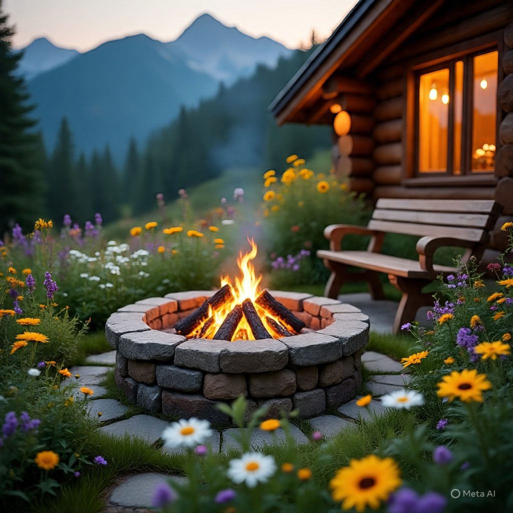 A garden scene featuring colorful flowers, a stone fire pit, and a pathway.