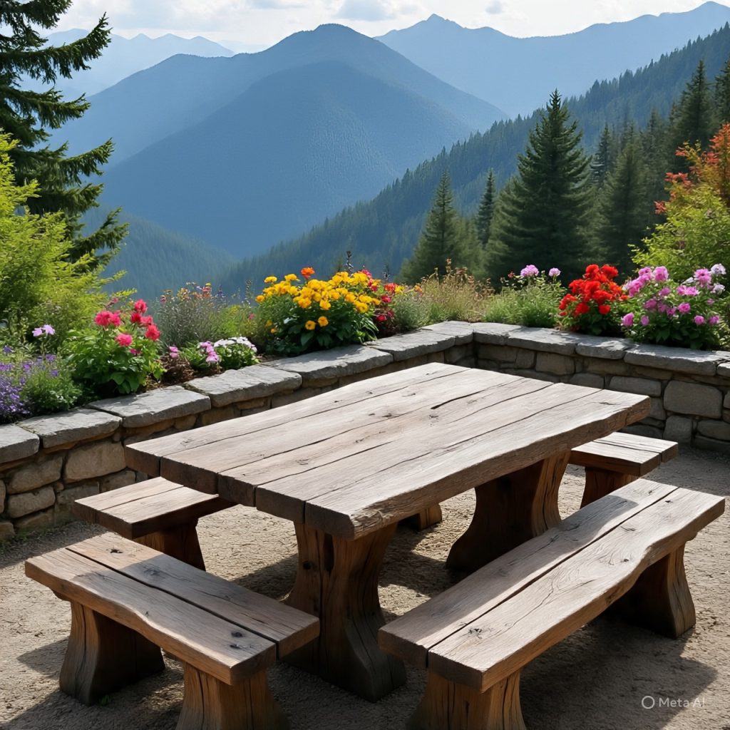 A rustic wooden picnic table and benches on a stone patio, surrounded by colorful flowers, overlooking a scenic mountain range with evergreen trees.