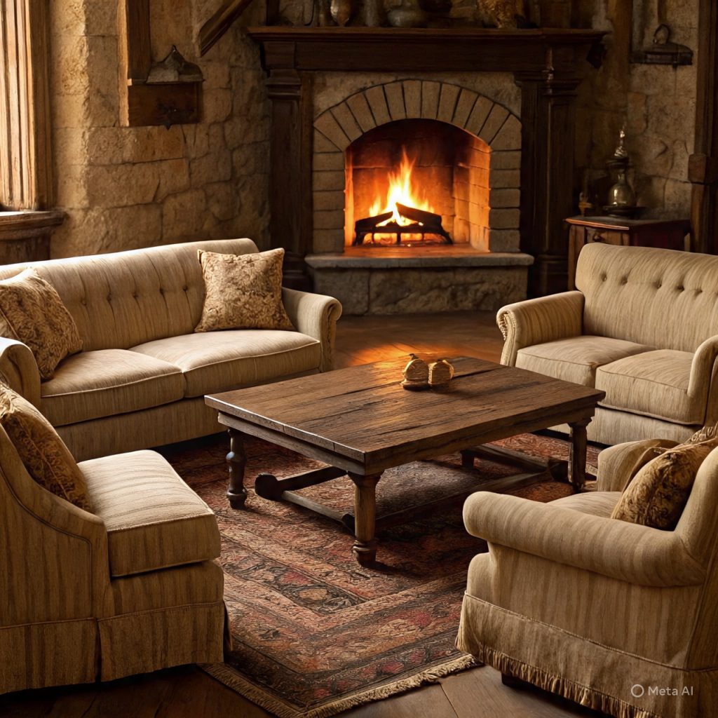 A cozy living room with a lit fireplace, two sofas, and two armchairs arranged around a wooden coffee table.
