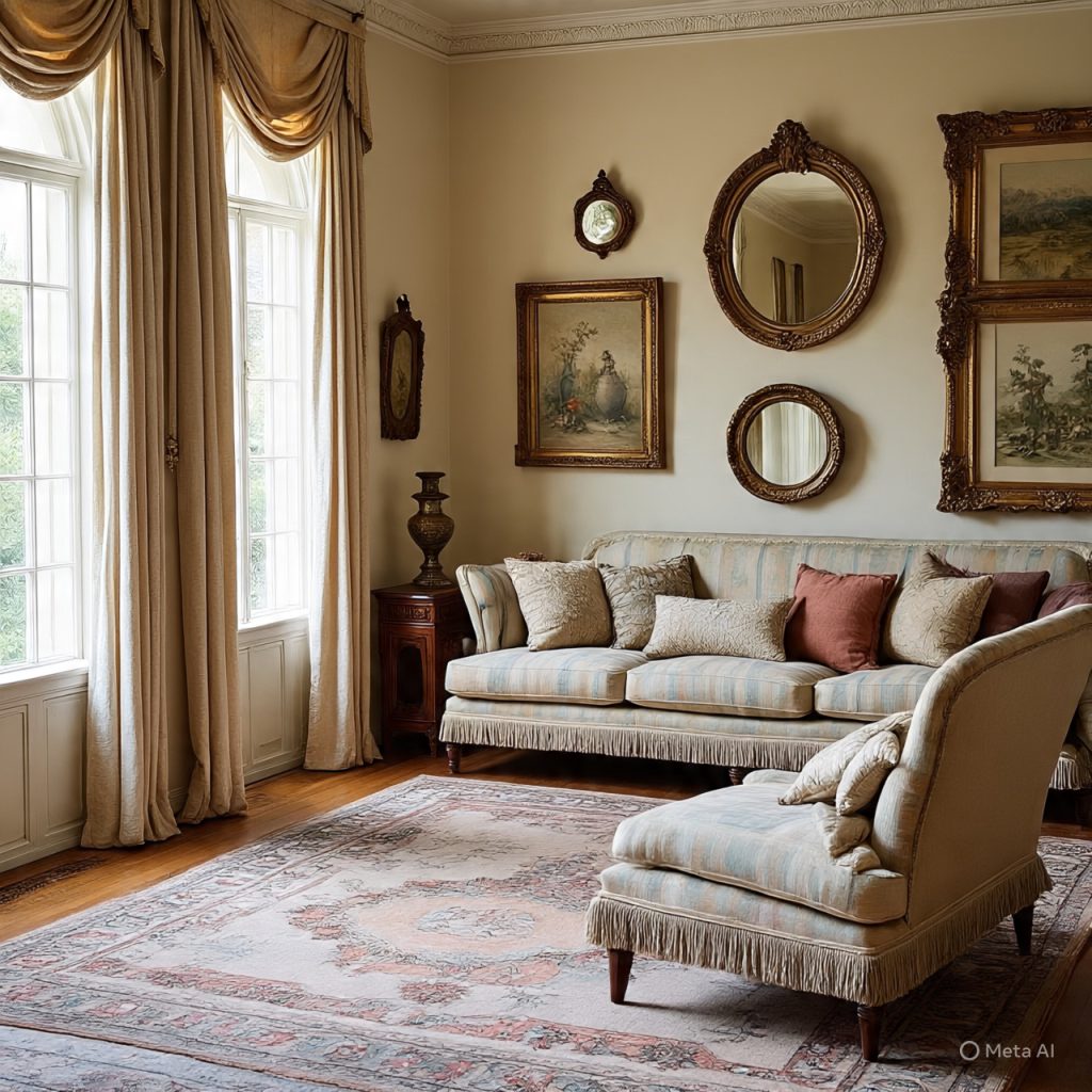 A classic living room with a sofa, an armchair, multiple framed artworks and mirrors on the wall, large windows with drapes, and a patterned rug.